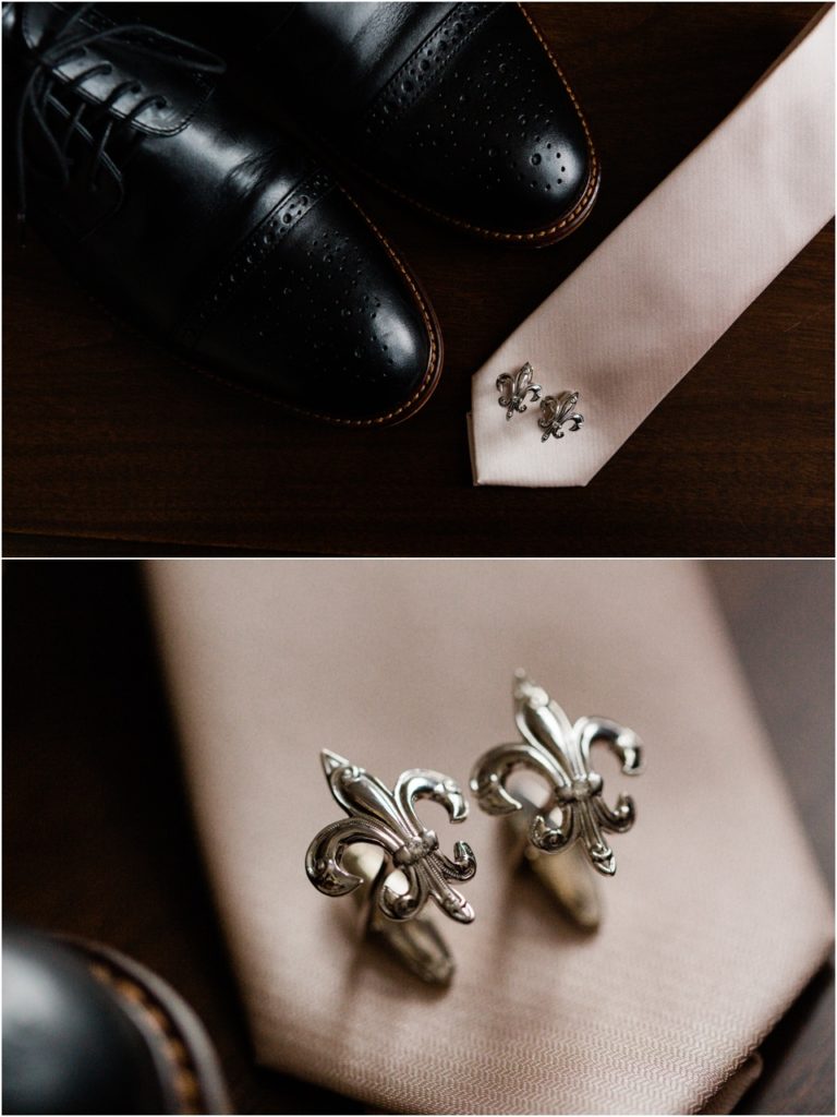 pink tie and fleur de lis cufflinks